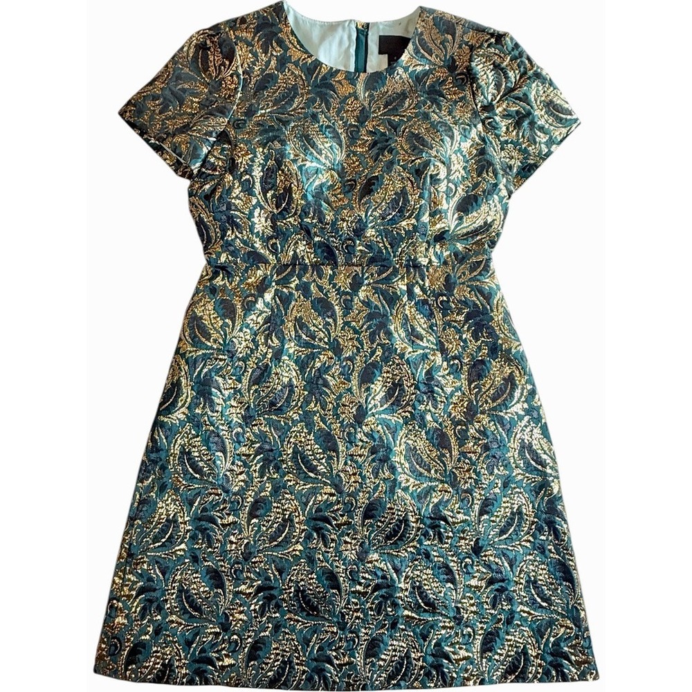 J.Crew Collection Dress Women 6 Teal Gold Brocade Metallic Short Sleeve E4273